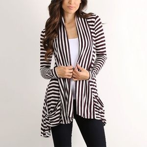 Plum Stripe Draped-Collar Pocket Open Cardigan